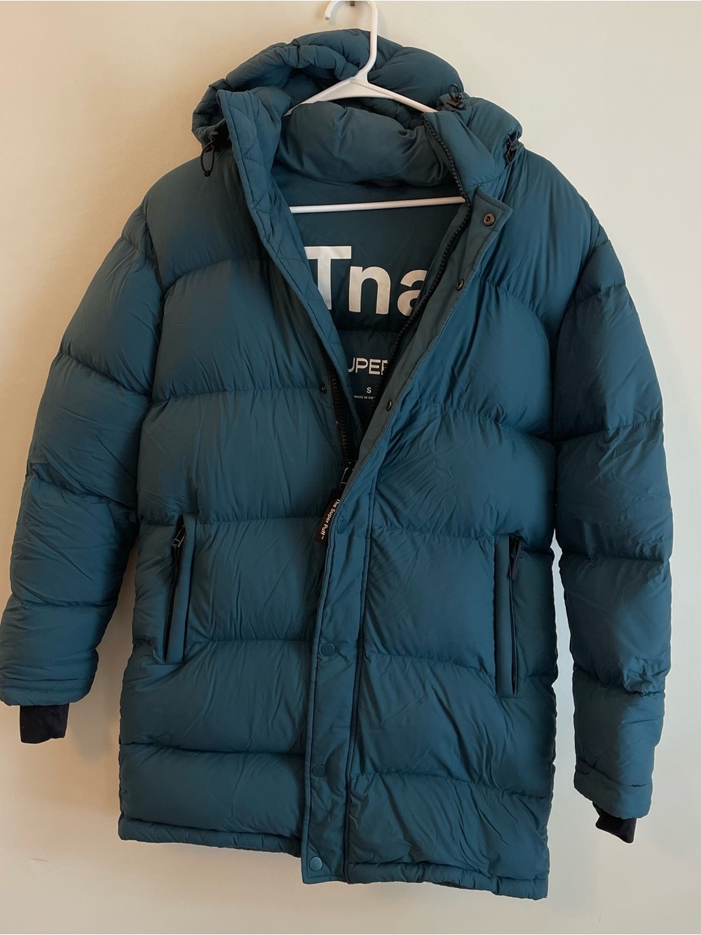 TNA Aritzia Super Puff S Teal Puffer Jacket with Hood 700 Fill